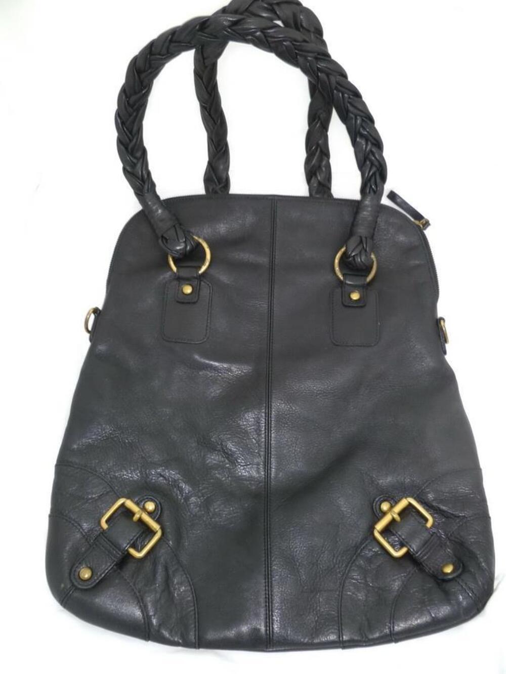 KATE LANDRY USED/NO STRAP BLACK LEATHER BUCKLE XL SLIM TOTE/TRAVEL BAG BRAIDED H